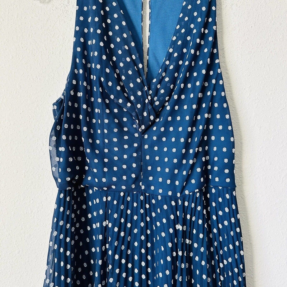 Eva Franko Blue W/ White Embroidered Flower Pleated Midi Dress - Picture 2 of 5